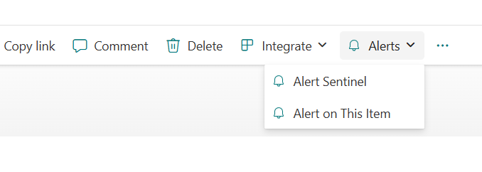 شريط أوامر قائمة SharePoint مع قائمة تنبيهات تفتح AlertSentinel.