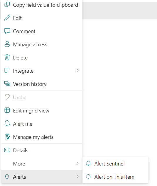 قائمة سياق عنصر SharePoint مع خيارات Alerts وAlert Sentinel.