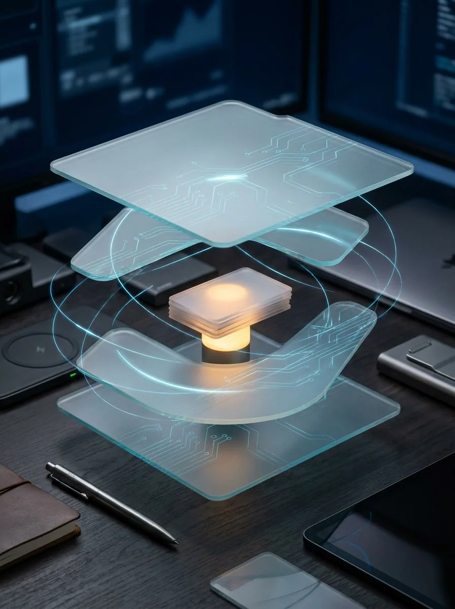 Layered glass panels with cyan data lines evoking custom Microsoft 365 development.