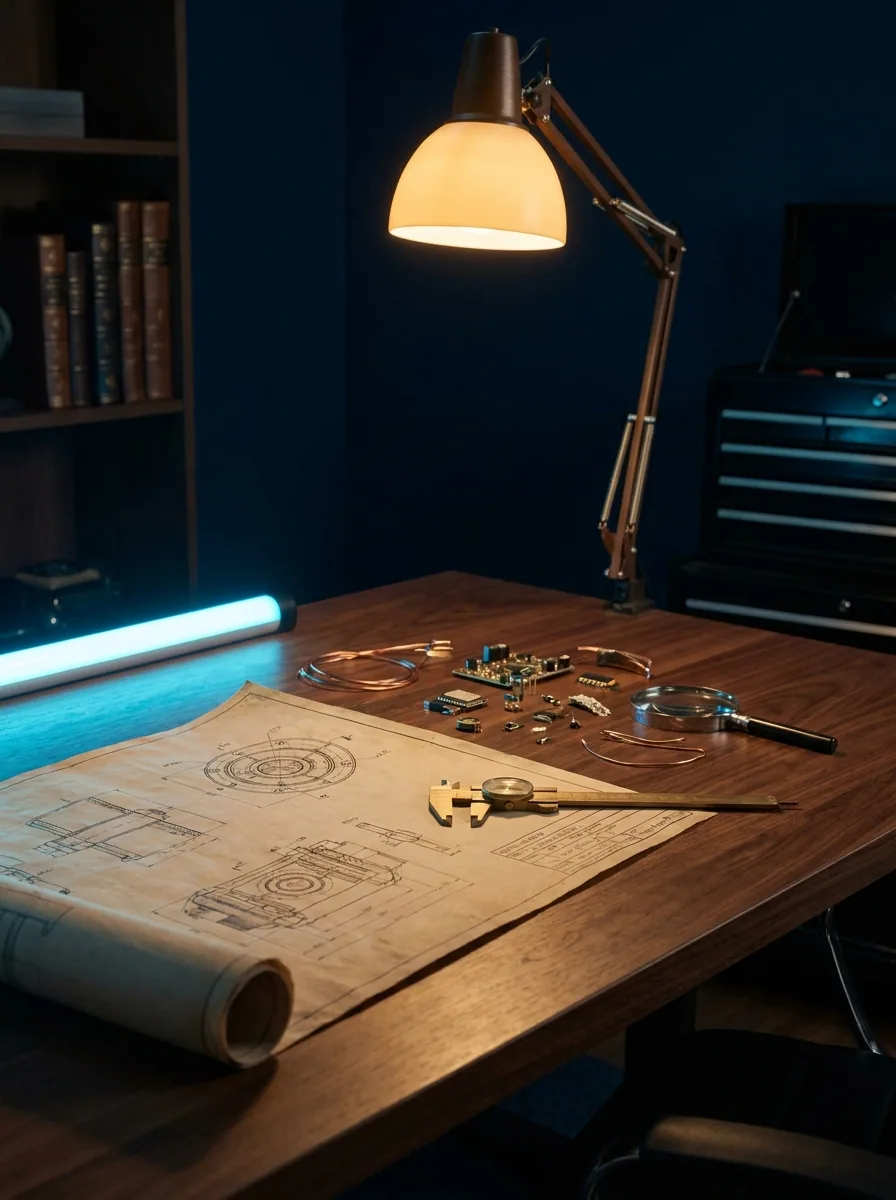 Architectural blueprint and engineering tools still life evoking the Wickroom intranet template.