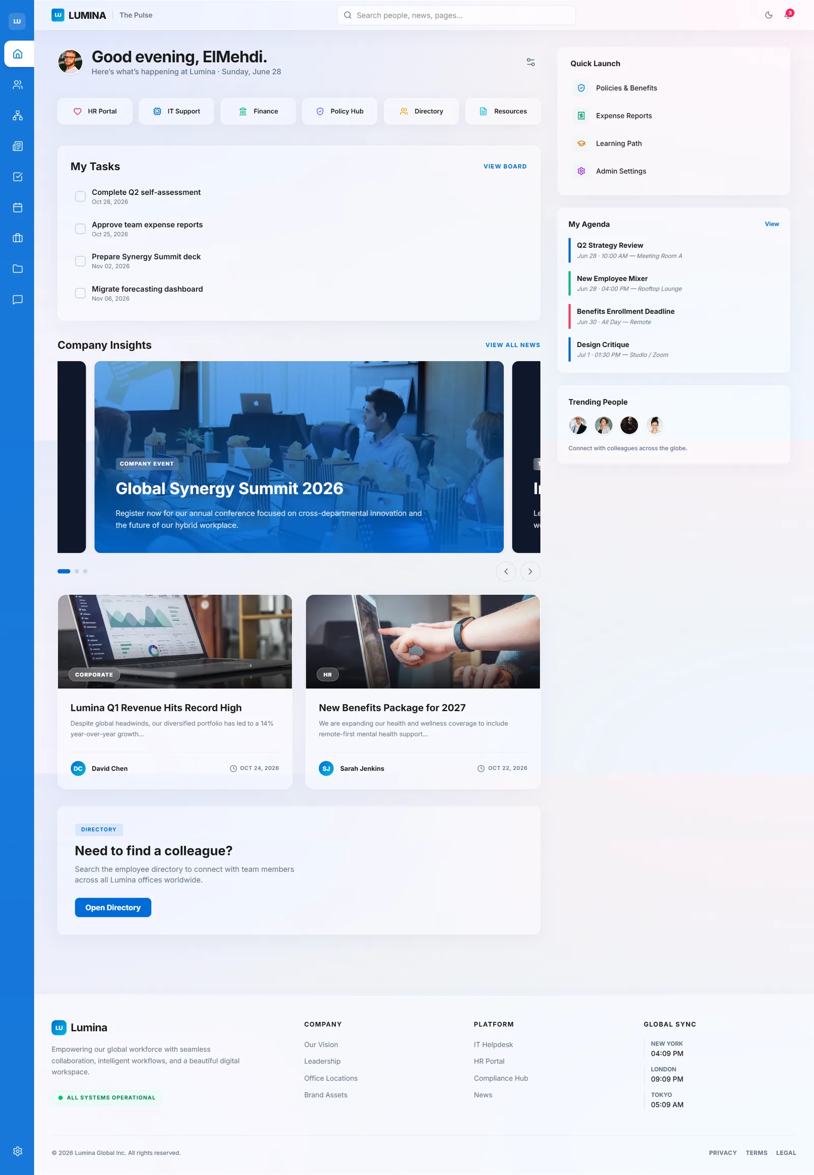 Lumina intranet home: personal greeting, quick launch, my tasks, and company insights.