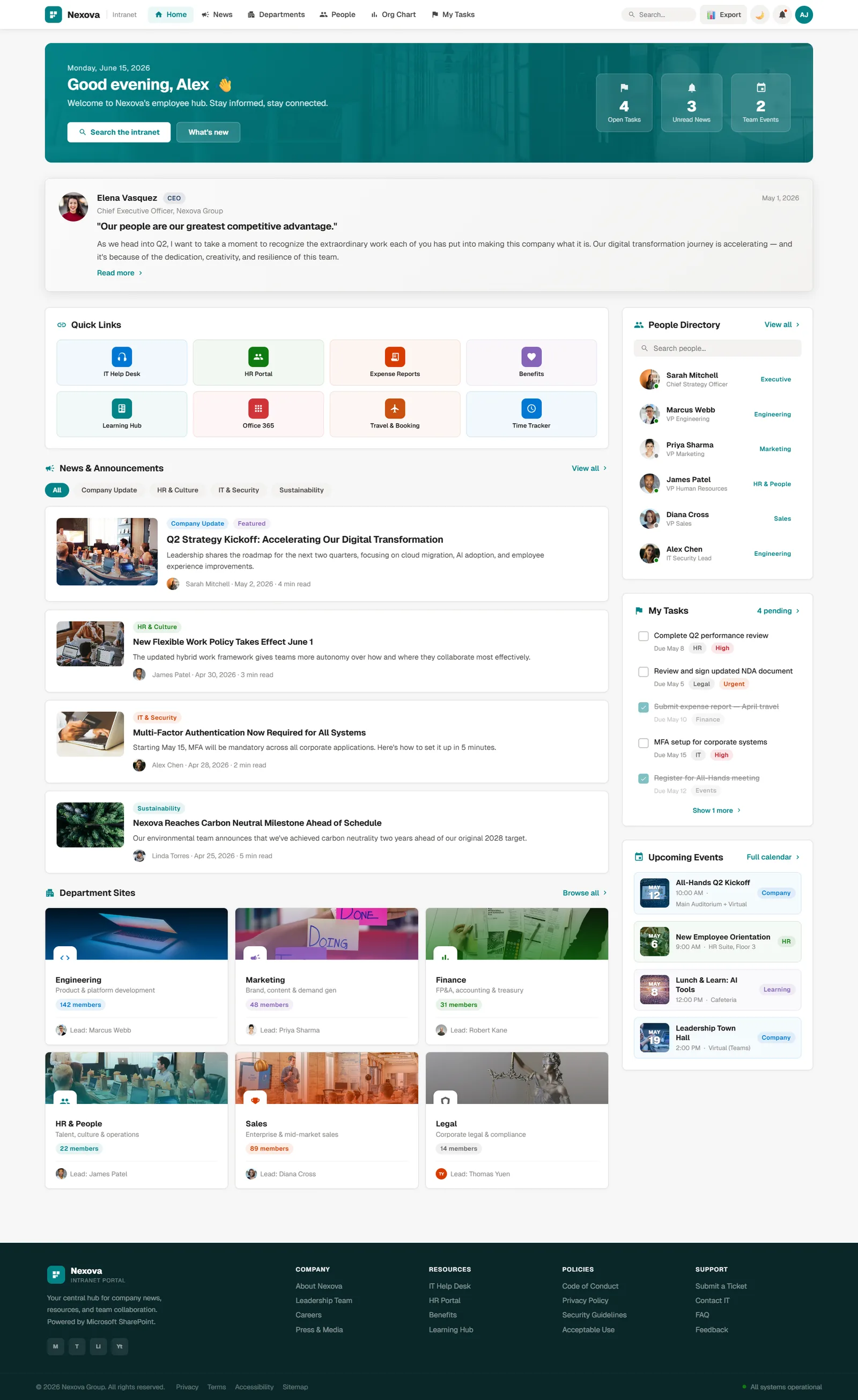Nexova intranet template home page with news, directory, and department hubs.
